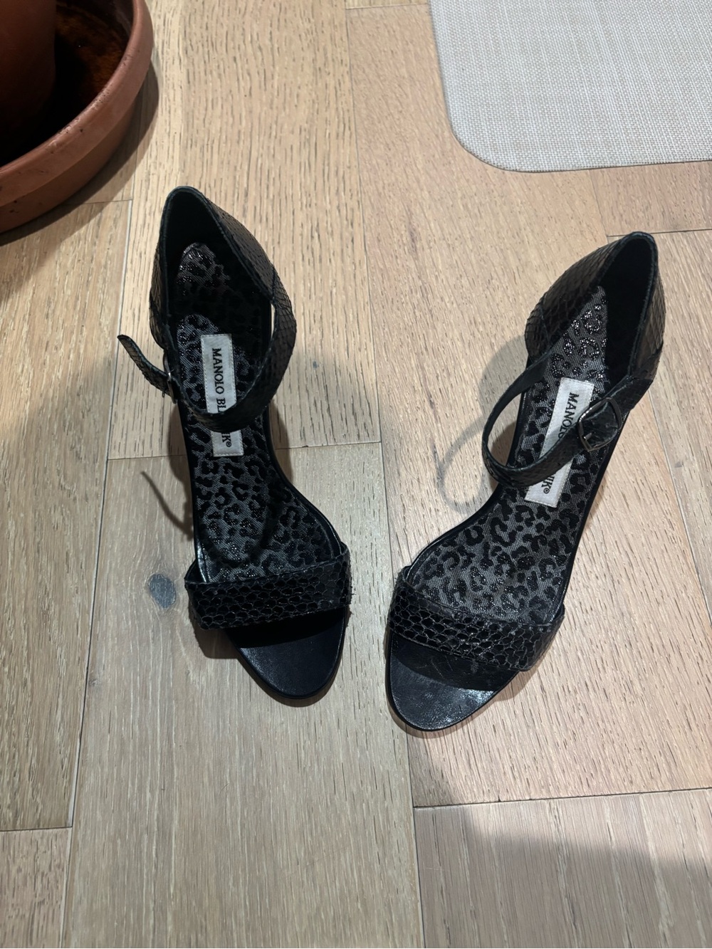 Manolo Blahnik Black Textured Ankle-Strap Heels